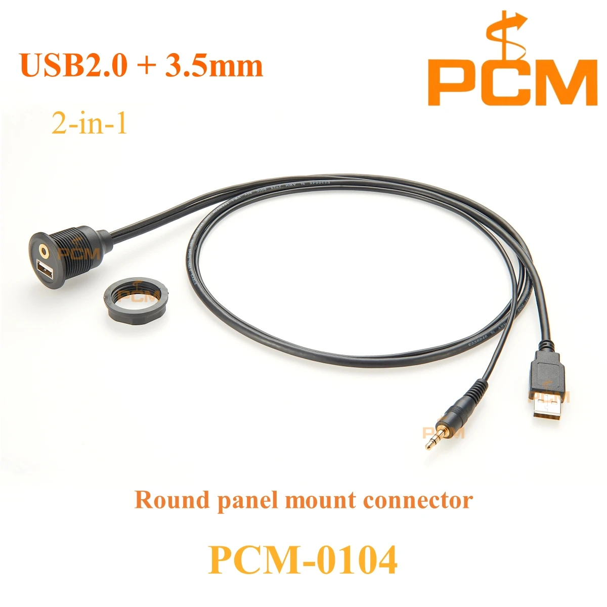 Round panel USB2.0 3.5mm flush mount dual port cable, USB and 3.5mm AUX stereo cable for car boat and Motorcycle dash mount