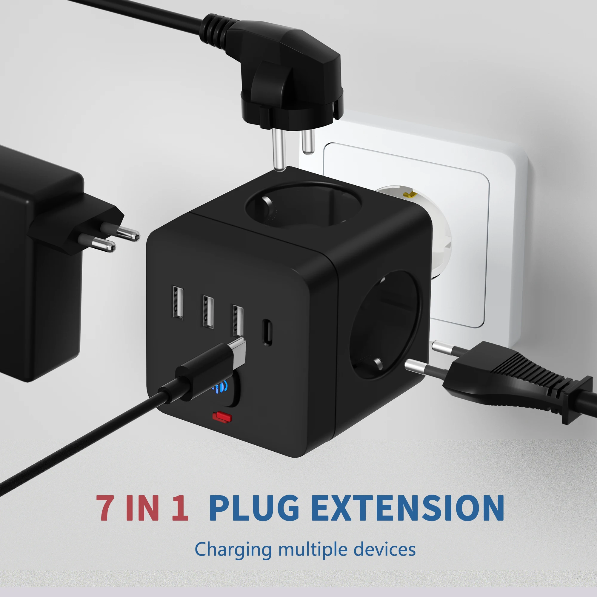 7-in-1 EU Power Strip, Power Strip Surge Protector 3 AC Outlets 3 USB 1 Type-C, Desktop Charging Station With Overload Protecti-2