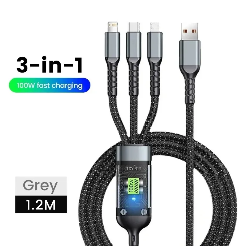 3 In 1 100W LED Digital Display USB Cable Type C Usb Micro For iphone Samsung Huawei Xiaomi Multi Port Multiple Charging Wire-6