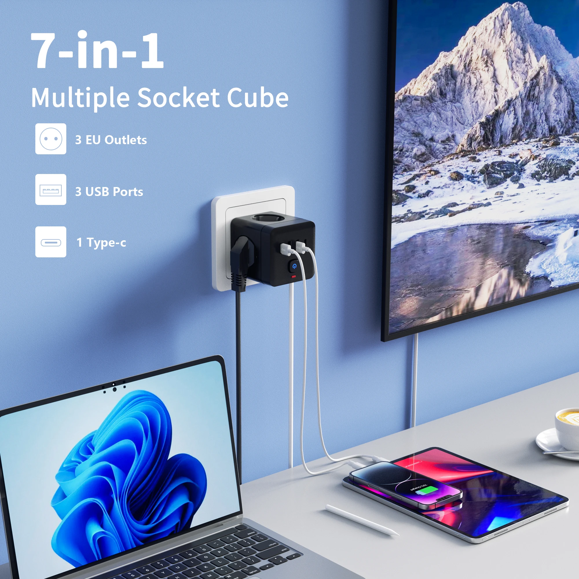 7-in-1 EU Power Strip, Power Strip Surge Protector 3 AC Outlets 3 USB 1 Type-C, Desktop Charging Station With Overload Protecti-4