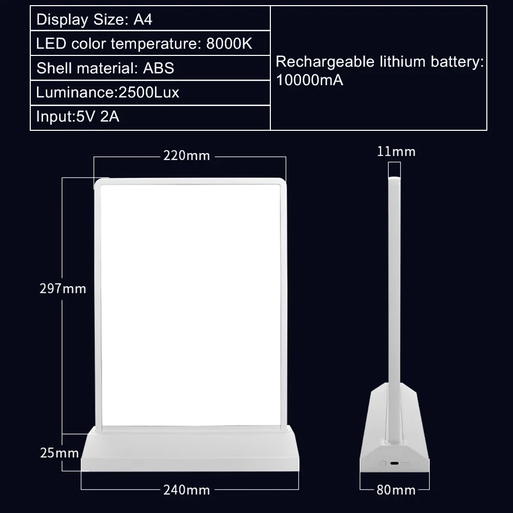 Rechargeable A4 Desktop Advertising Light Box Dimmer Acrylic Flashing Led Light Table Menu Restaurant Card Display Holder Stand-5