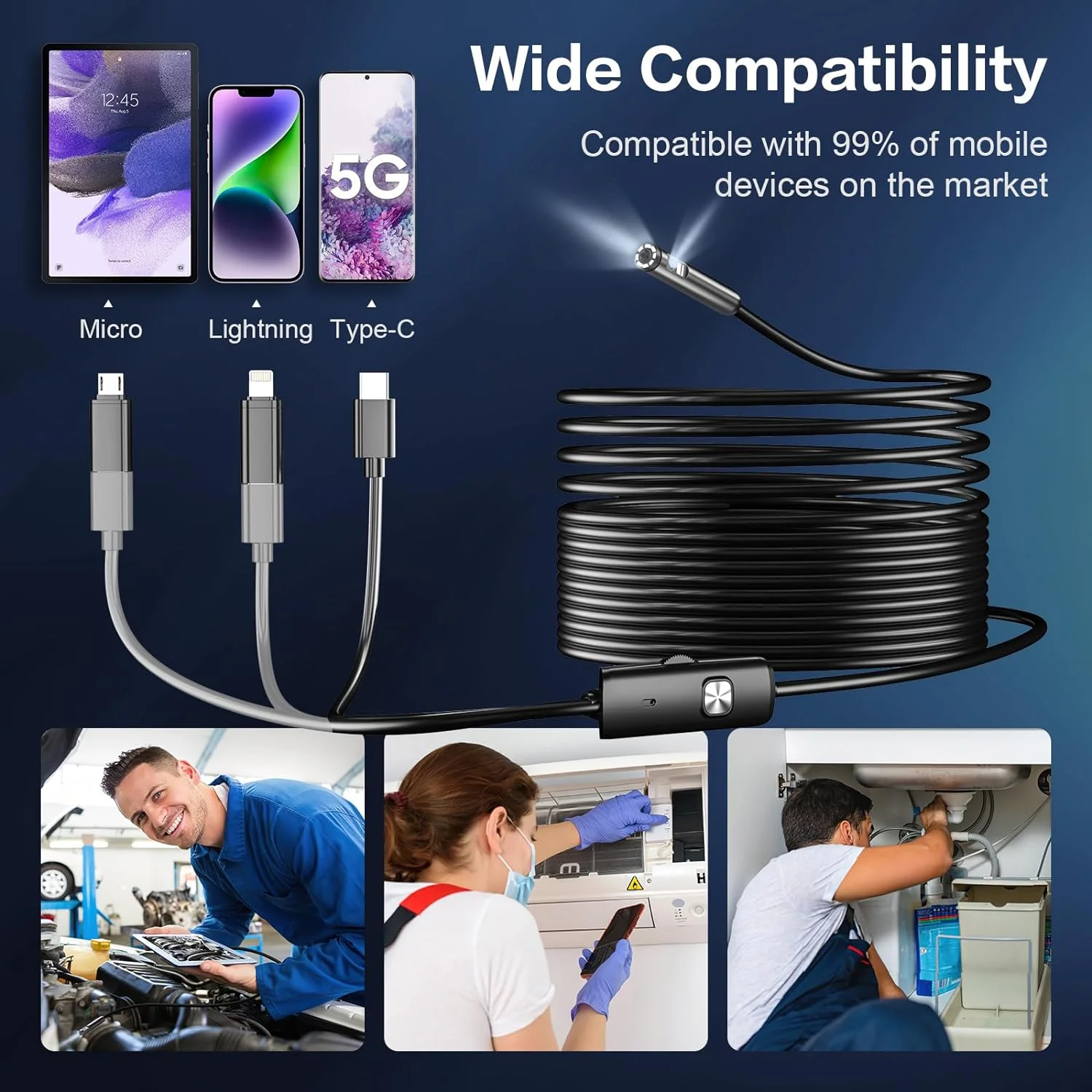 8mm 1080P Endoscope Automotive Boroscope Inspection Device Camera For Apple Iphone IOS Smart Phone Android Type C Cars Mobile-2