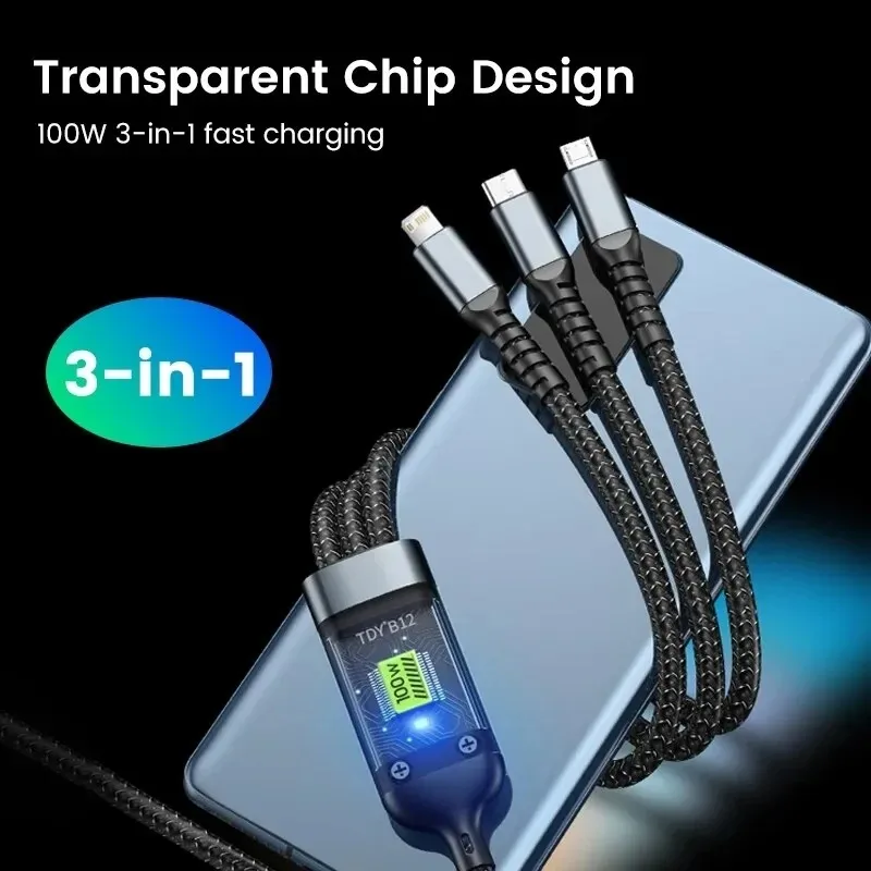 3 In 1 100W LED Digital Display USB Cable Type C Usb Micro For iphone Samsung Huawei Xiaomi Multi Port Multiple Charging Wire-2