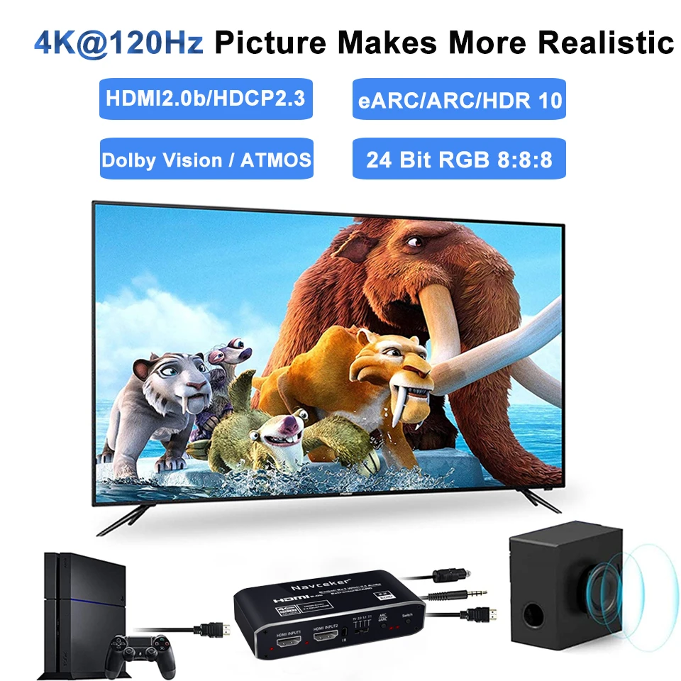 2x1 4K HDMI Switch eARC Audio Extractor With ARC & Optical Toslink HDMI 2.0 Switch 4K 60Hz HDMI Switcher Remote for Apple TV PS4-5