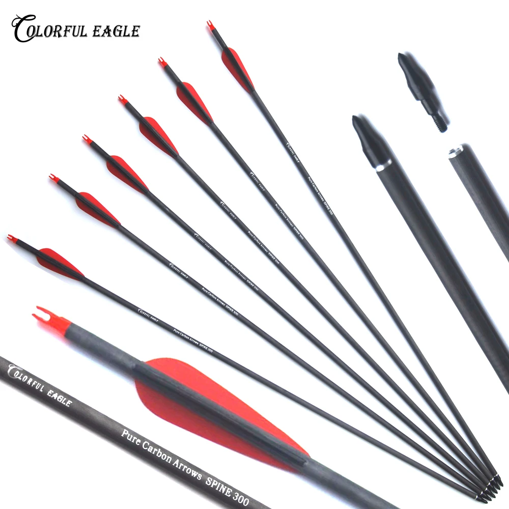 Archery Recurve Compound Bow Arrow Pure Carbon Arrow  ID 7.6mm Spine 300 400, 28", 30", 31"