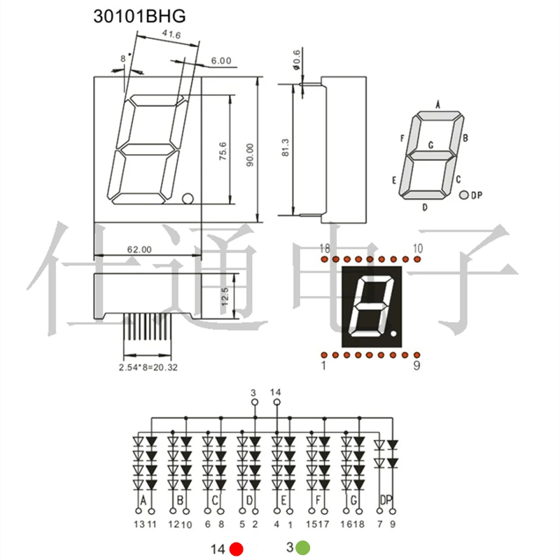 5Pcs 1 Bit Digital Tube 3 inch (Red Green) Bicolor LED Common Anode/Common Cathode 7 Segment Digital Display 62*90*12.5mm 18pin-4