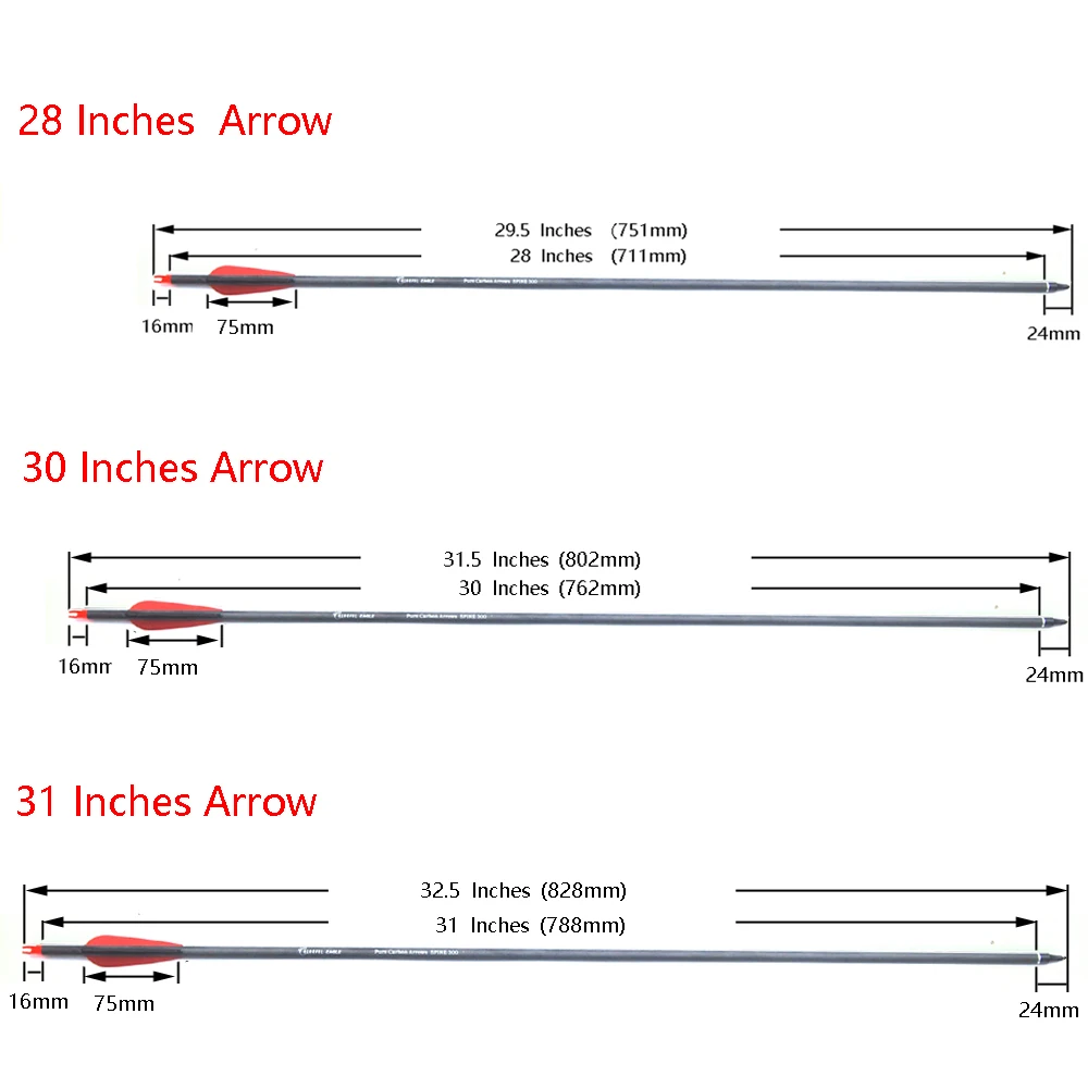 Archery Recurve Compound Bow Arrow Pure Carbon Arrow  ID 7.6mm Spine 300 400, 28