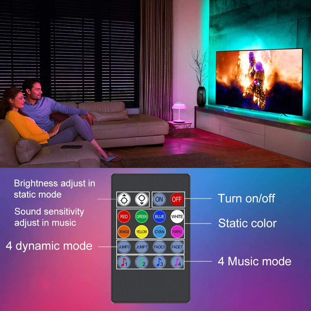 TV Backlight Music Sync USB Powered RGB LED Strip Light for 15 - 80 Inch TV, Mirror, PC-3