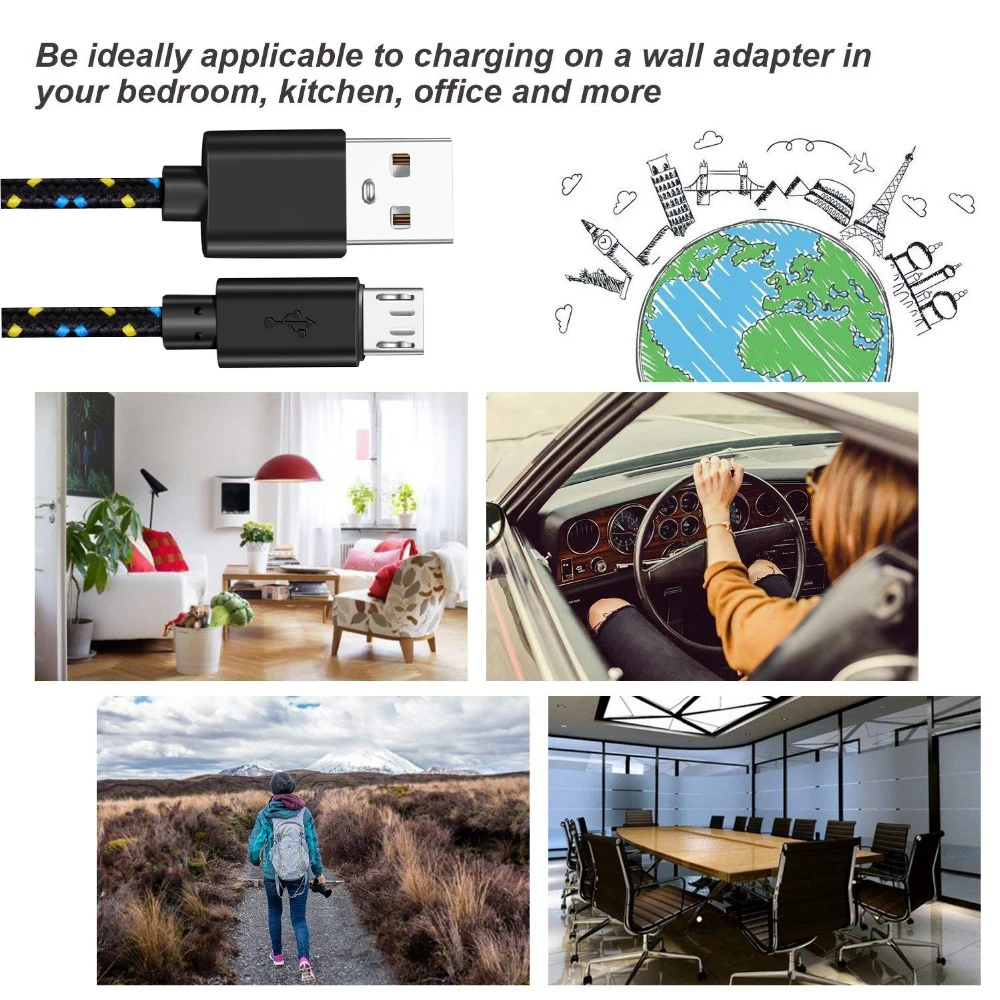 Micro USB Cable 1m/2m/3m Data Sync USB Charger Cable For Samsung Huawei Xiaomi HTC Android Phone Nylon Braided Microusb Cables-2