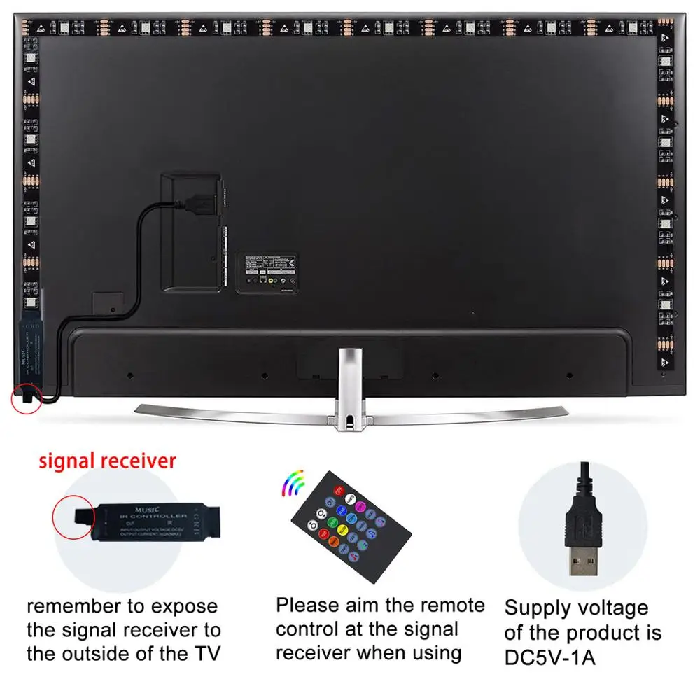 TV Backlight Music Sync USB Powered RGB LED Strip Light for 15 - 80 Inch TV, Mirror, PC-5