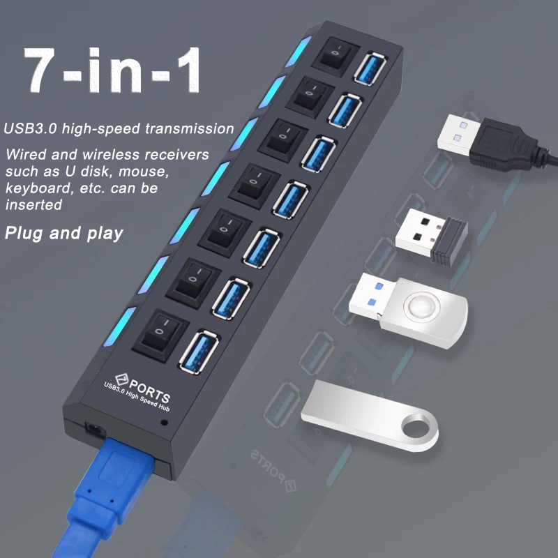 USB Hub 3.0 Hub USB 3 USB 2.0 Multi USB Splitter Power Adapter 4/7 Port Multiple Expander 2.0 with Switch for PC Accessories-5
