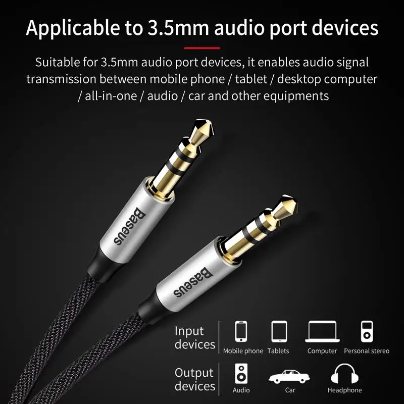 Baseus 3.5mm Jack Audio Cable Jack 3.5 mm Male to Male Audio Aux Cable For Samsung S10 Car Headphone Speaker Wire Line Aux Cord-2