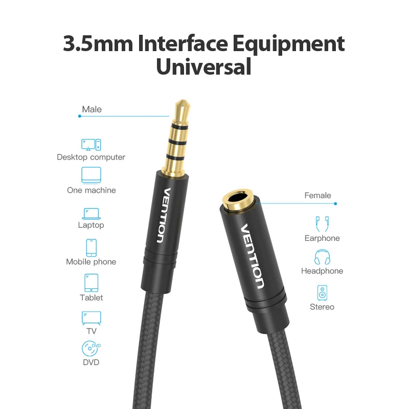 Vention Jack 3.5 Aux Extension Cable for Car Laptop Mini PC TV Xiaomi Huawei Stereo 3.5 mm Jack Headphone Speaker Cable Auxiliar-5