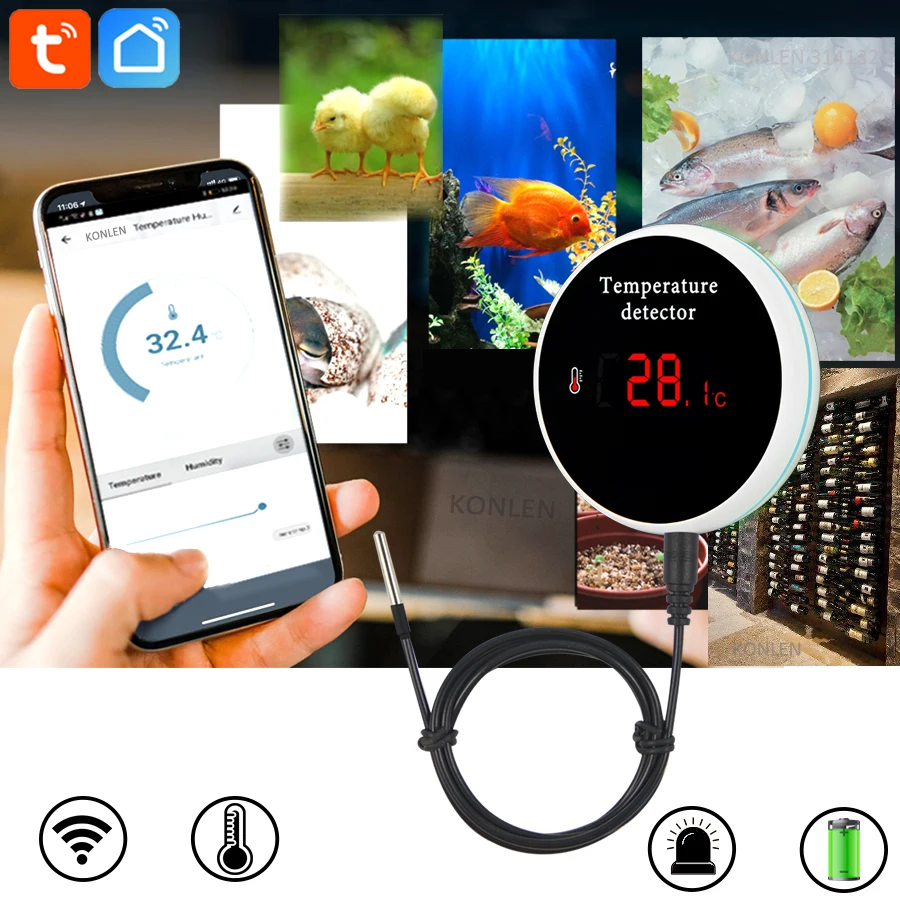 KONLEN Tuya Wifi Temperature Sensor 3m Wire Probe Digital Smartlife Thermometer Smart Home Water Pool Thermostat Remote Alarm-2