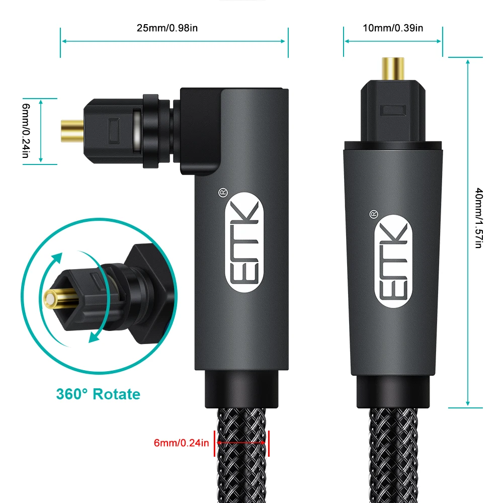 EMK 90 Degree Digital Optical Audio Cable 5.1 Right Angle Toslink SPDIF Cable for Blu-ray Player Xbox Soundbar Fiber Cable-4