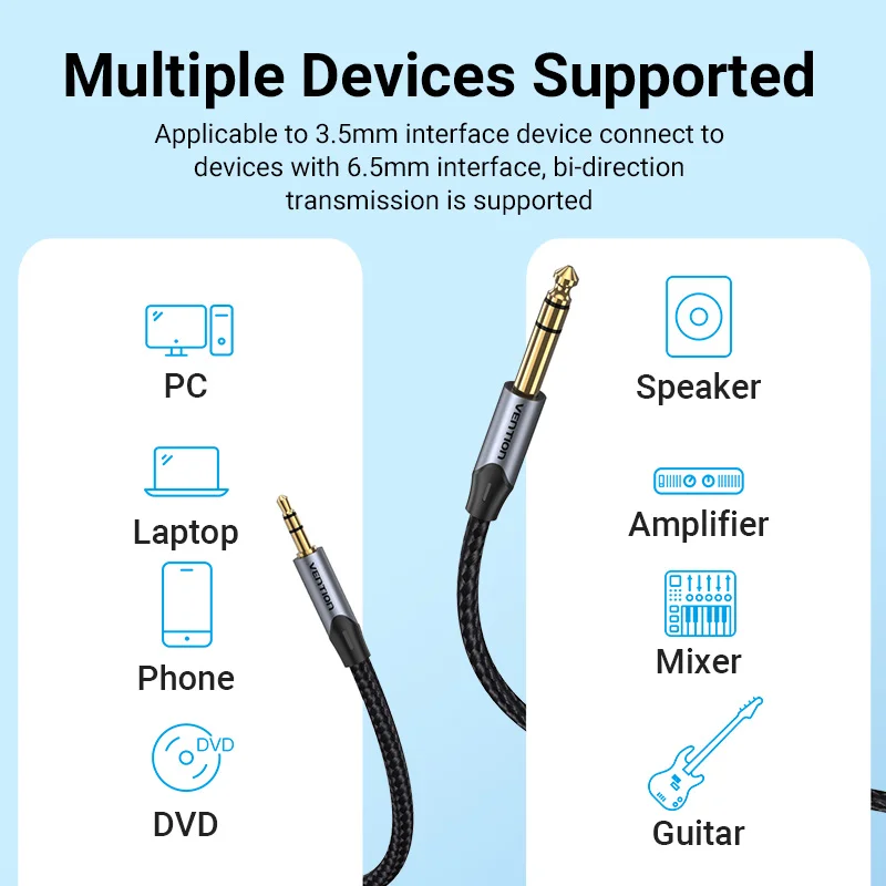 Vention 3.5mm to 6.35mm Adapter Aux Cable for Mixer Amplifier Gold Plated 3.5 Jack to 6.5 Jack 0.5m 3m 5m Aux Cabo Male to Male-5
