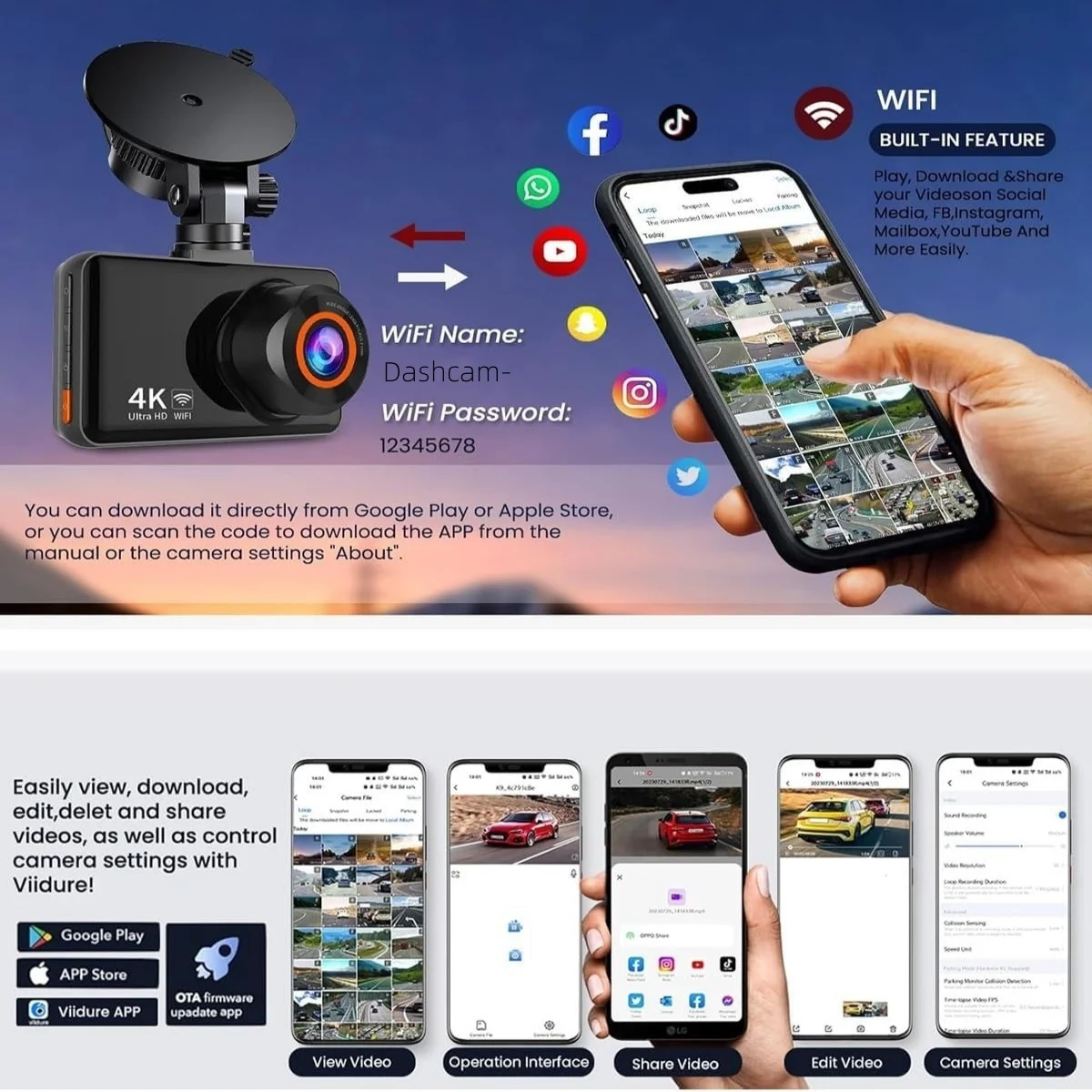 QOZ Dash Cam Cars 4K Front and Rear Camera Car Dvr WIFI Car Camera for Vehicle Video Recorder Rear View Camera Parking Monitor-2