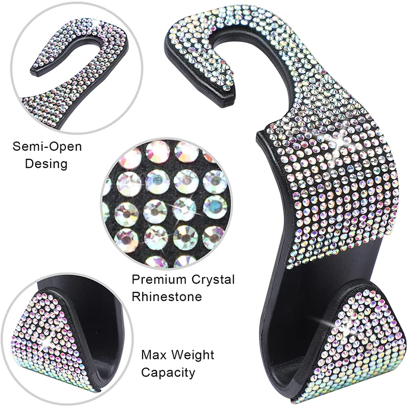 Rhinestone Decor Car Seat Back Hook Hanger Universal Bling Diamond Vehicle Auto Headrest Storage Holder Car Accessories-2