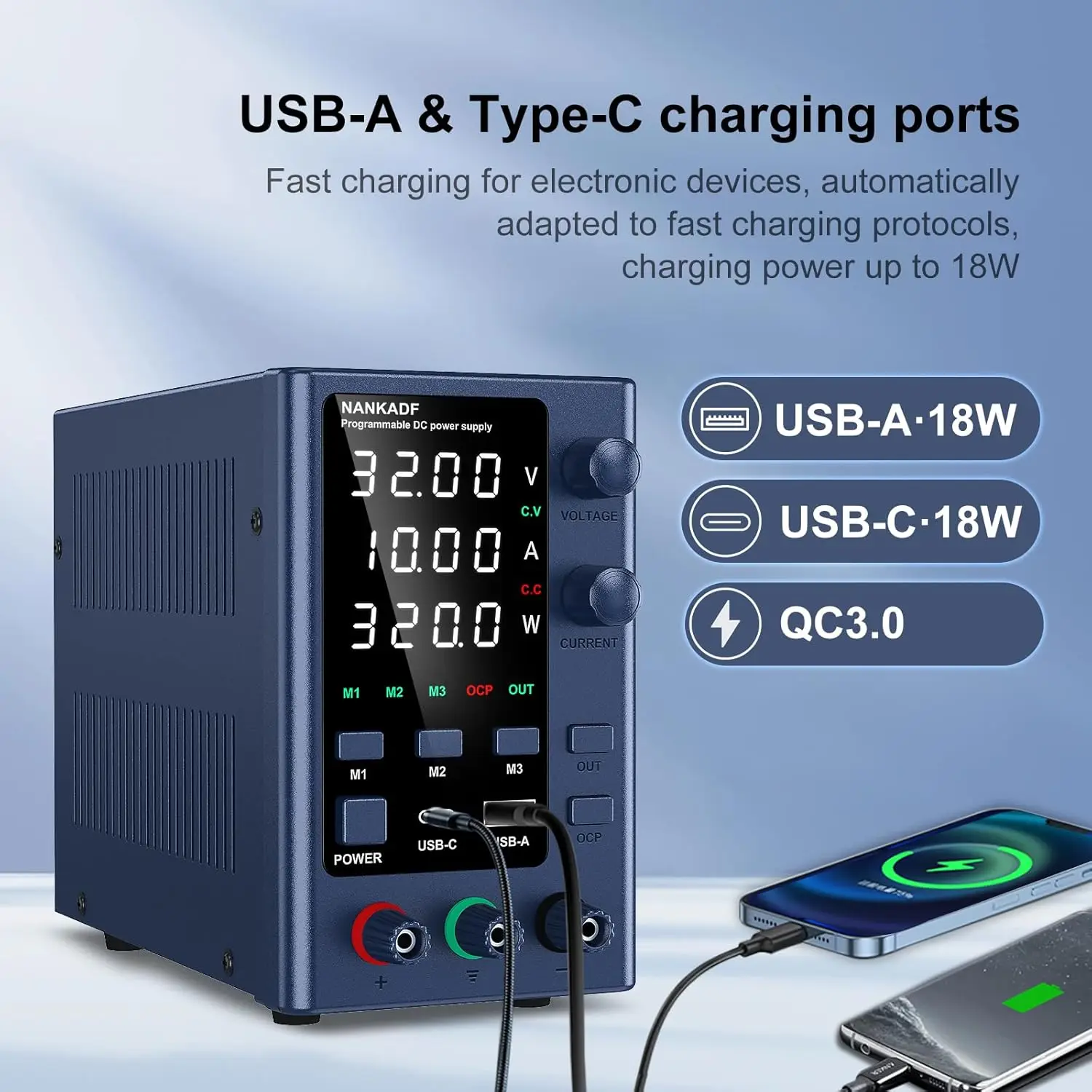 DC lab power supply 30V 10A adjustable power supply with 5V 2A USB charging display regulator, used for telephone maintenance-2