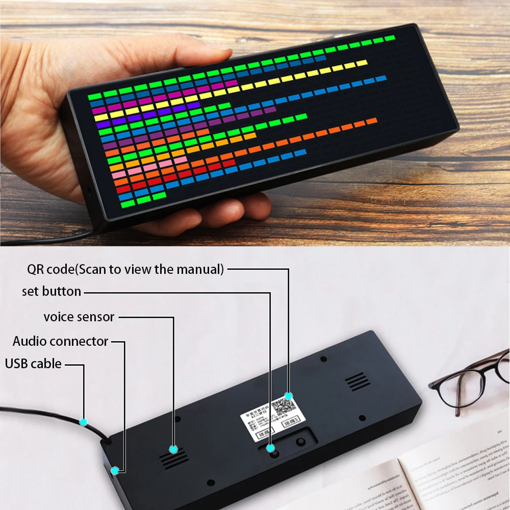 LED music Spectrum rhythm lights voice sensor 1624 RGB atmosphere level indicator with clock display-2