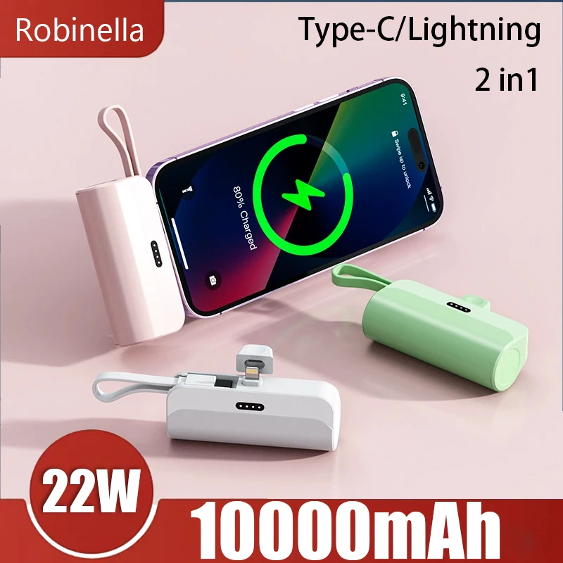 Mini Power Bank 10000mAh Capsule Large Capacity Portable Fast Charging External Battery for IPhone Xiaomi 2 IN1 Type-c Lightning