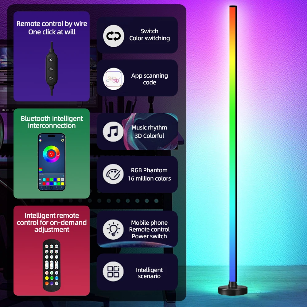 RGB LED Floor Lamp Remote APP Control Music Sync Corner Lighting Timer Smart Modern Mood Standing Lamp for Bedroom Living Room-4