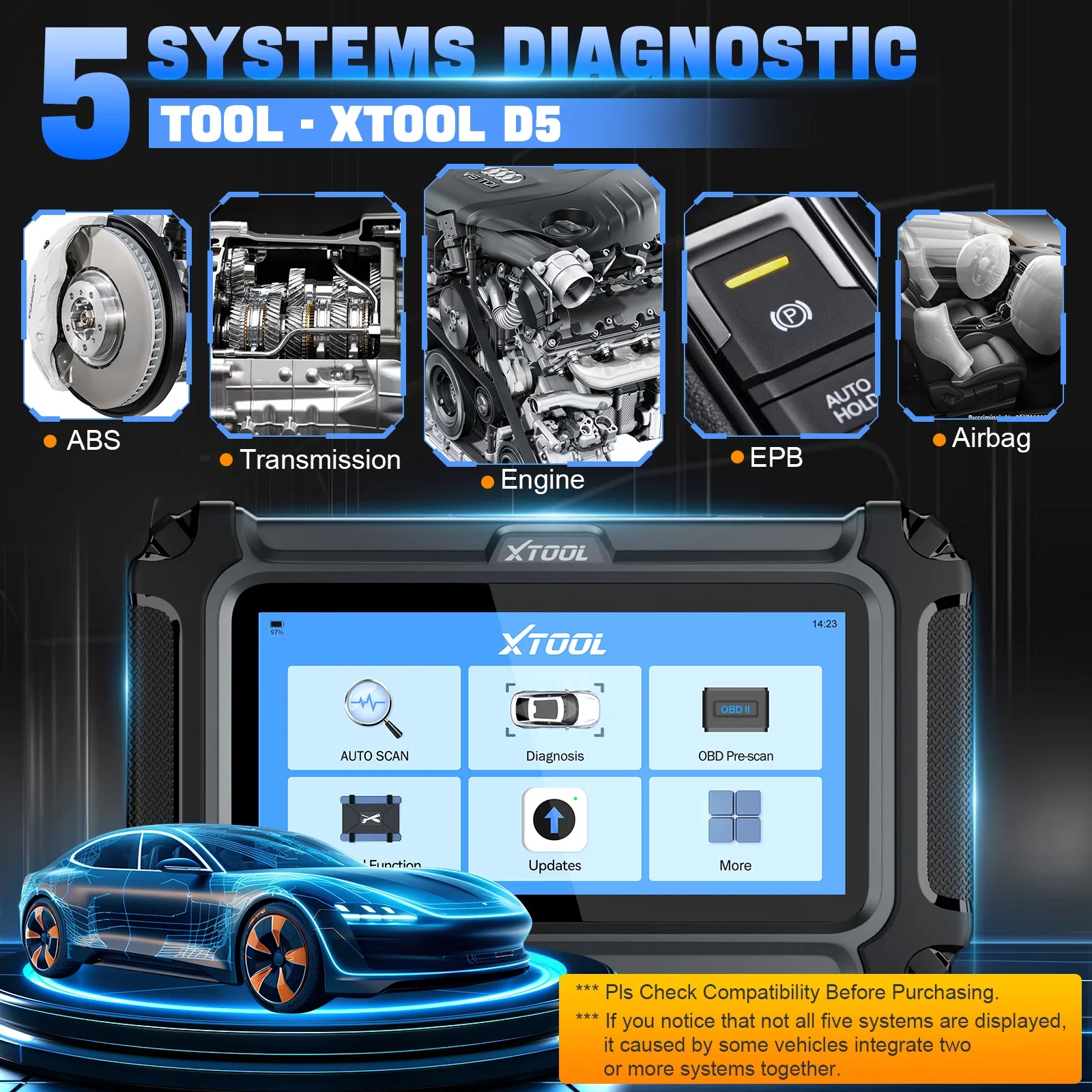 XTOOL D5 Automotive Diagnostic Tool ABS EPB Airbag Engine 5 System OBD2 Scanner Live Data CAN FD FCA Lifetime Free Update-3