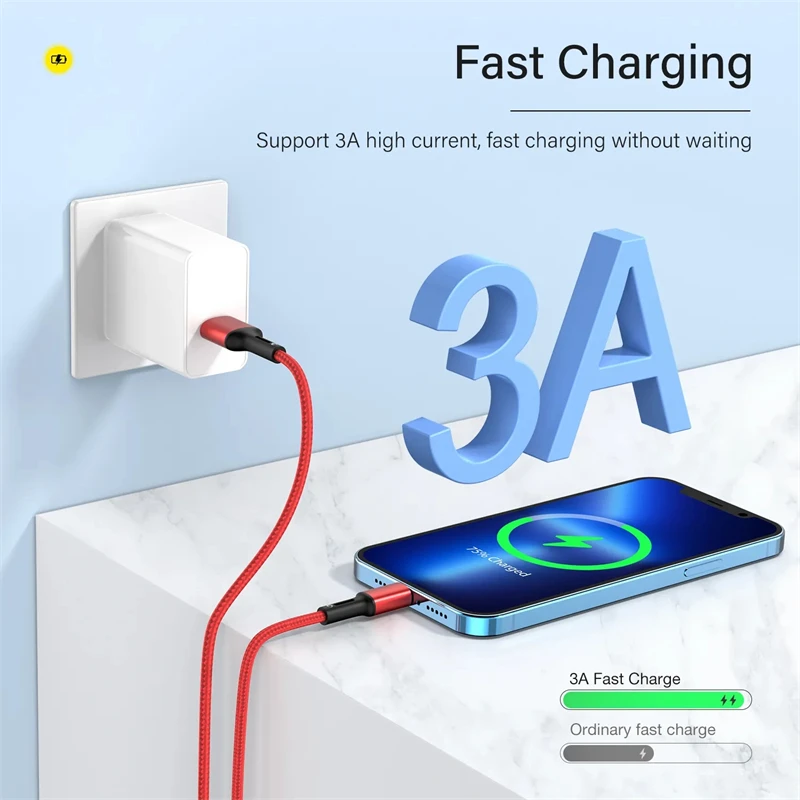 3A USB Cable For iPhone 14 13 12 11 Pro Max X XR 6s 7 8 Plus 2m 3m Lead Mobile Phone Fast Charging Cord Data Charger Wire-2