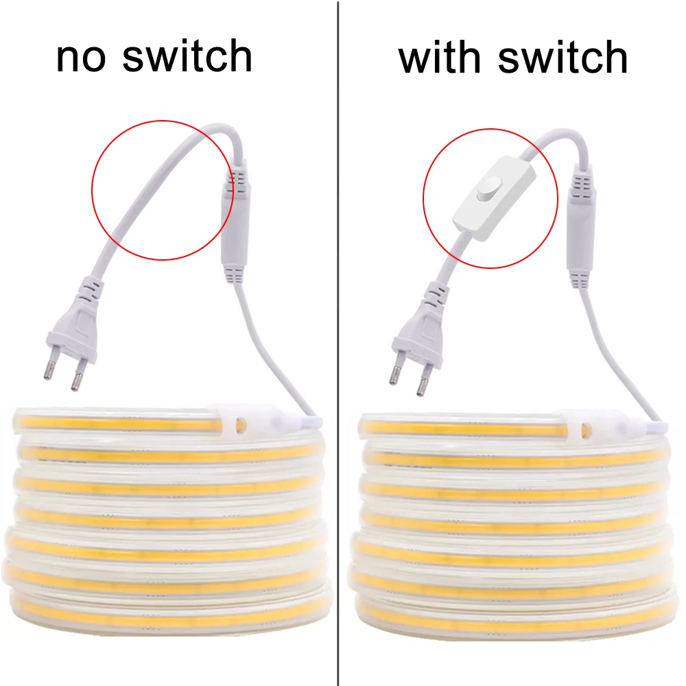 COB LED Strip 220V Switch ON/OFF with EU Plug 220V LED Strip Lights Waterproof Flexible Lamp Tape for Kitchen Home Room Decor-2