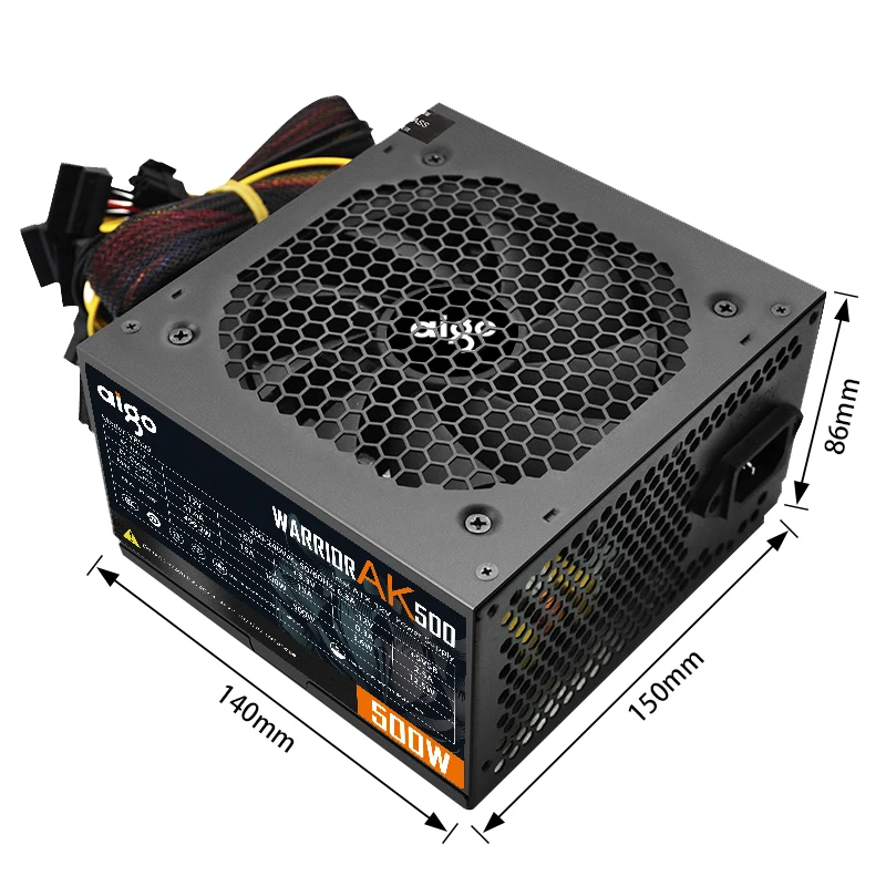 Aigo AK 500W PC PSU Power Supply Unit Black Gaming Quiet 120mm RGB Fan 24pin 12V ATX Desktop Computer Power Supply for BTC-4