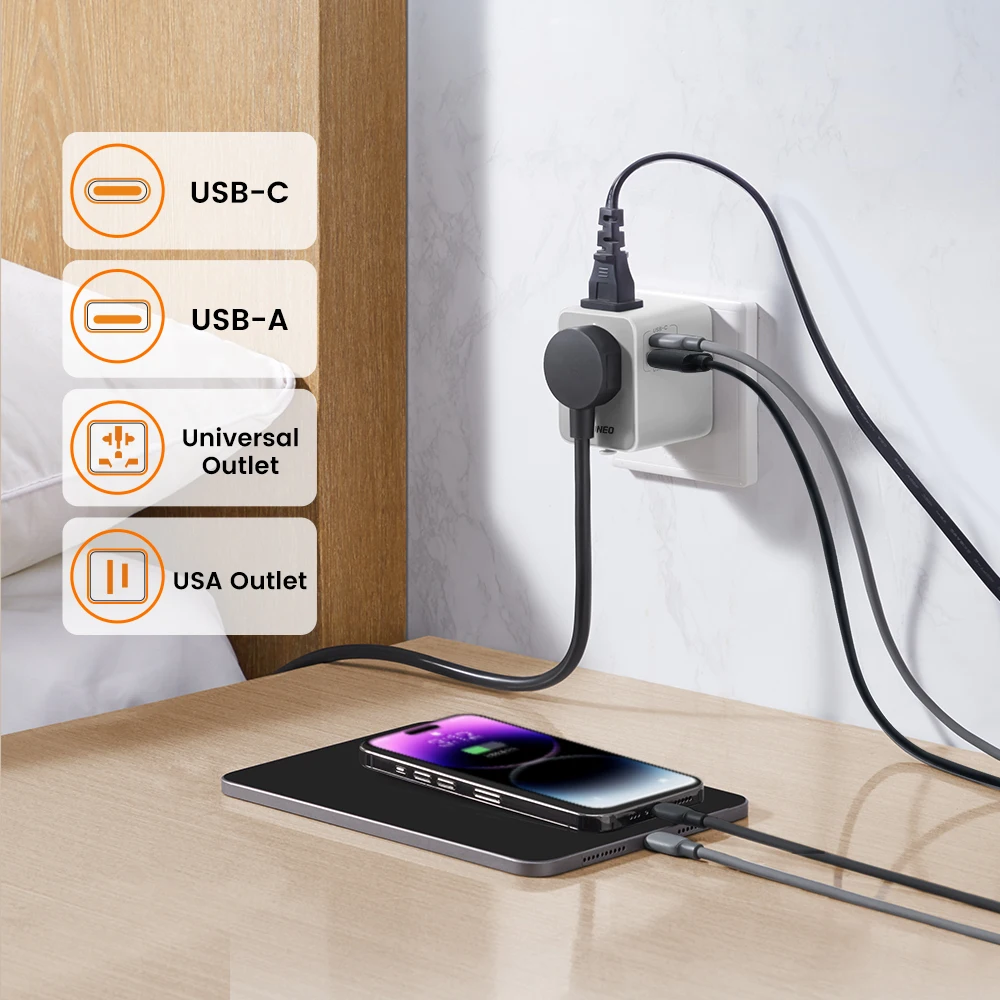 GONEO Auto-Reset Universal Travel Adapter with PD USB-C International Plug Adaptor for EU UK USA Thailand Japan Ireland AUS-3