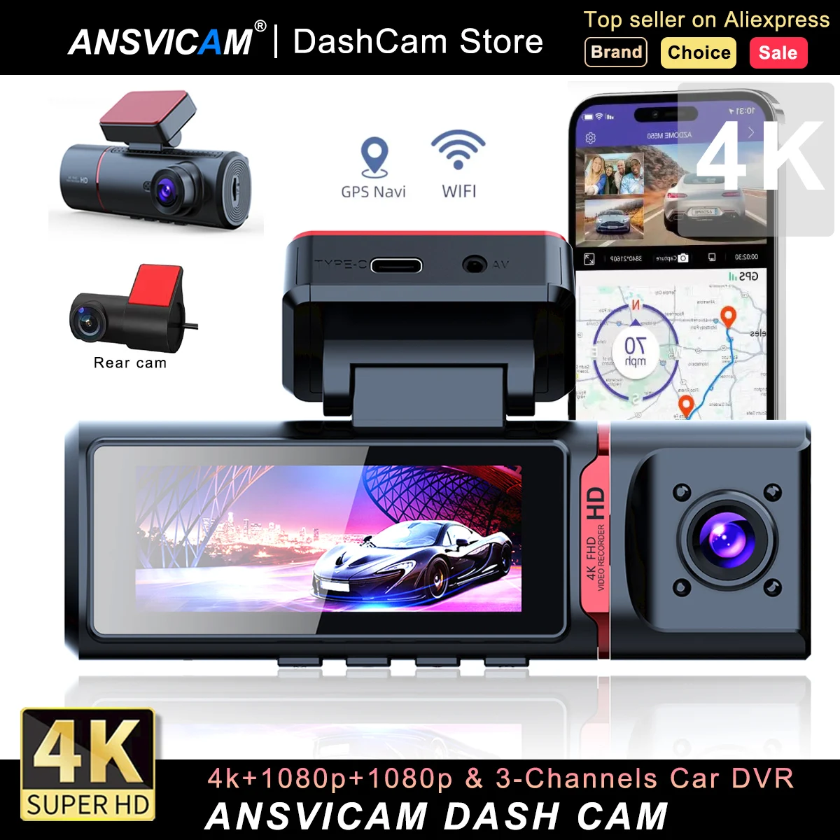 4K HD 3 Channel Dash Cam 3-Lens Front Inside Rear Car DVR GPS Wifi DVR Recorder Video Registrator Car Camera 24h Parking Monitor
