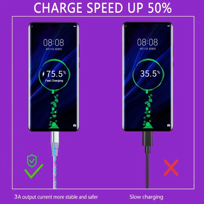 Flow Luminous USB Type C Cable 3A Fast Charging Data Cord for Samsung Xiaomi OPPO Huawei IPhone Charger Micro USB Wire LED Cable-3