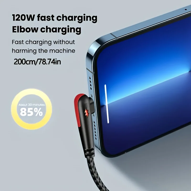 NNBILI 120W fast charging USB to Type-C cable, nylon braided, 90 ° elbow design with high power output suitable for Huawei oppo-3