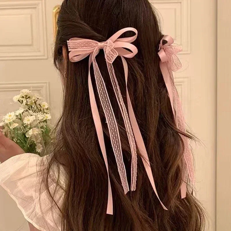 2pcs Korean Lace Bow Hair Clip Trend Long Ribbon Hairpins Barrettes Headband for Women Girl Hair Accessories Wedding Jewelry-5
