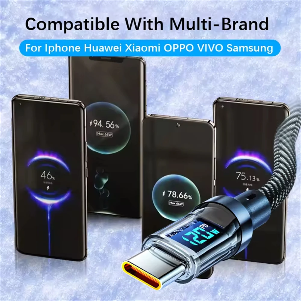 120W Super Fast Charging Cable With LED Display USB To Type-C Data Cord For Xiaomi Samsung IOS-5