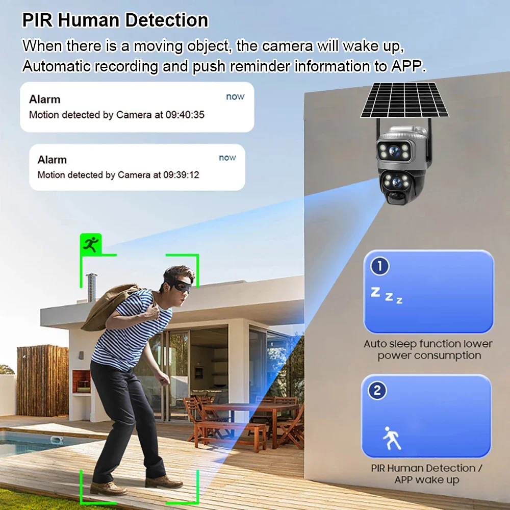 V380 Dual Lens 4G Camera Solar PIR Human Detection Night Vision Waterproof Security Video IP Camara 8MP 4K Battery CCTV Monitor-5