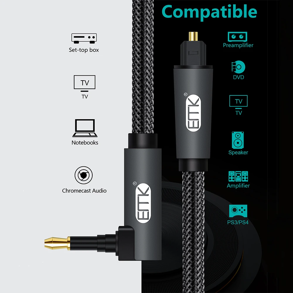 EMK 90 Degree Mini Toslink to Toslink Cable Right Angle Digital SPDIF Optic Fiber Cable 3.5 to Optical Audio Cable Adapter-3