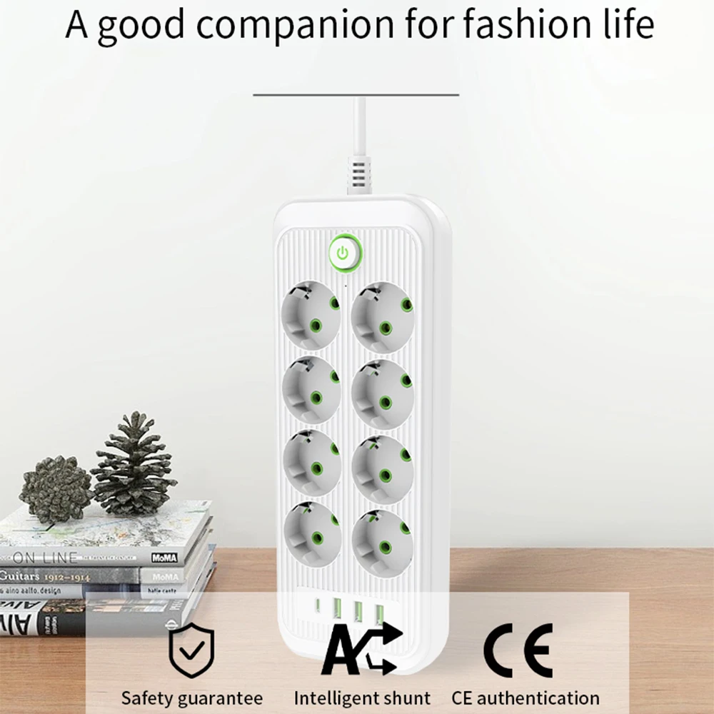 Smart Power Strip EU Plug AC Outlet Multiprise Extension Cord Electrical Socket Network Filter With 3USB Type C PD Fast Charging-5