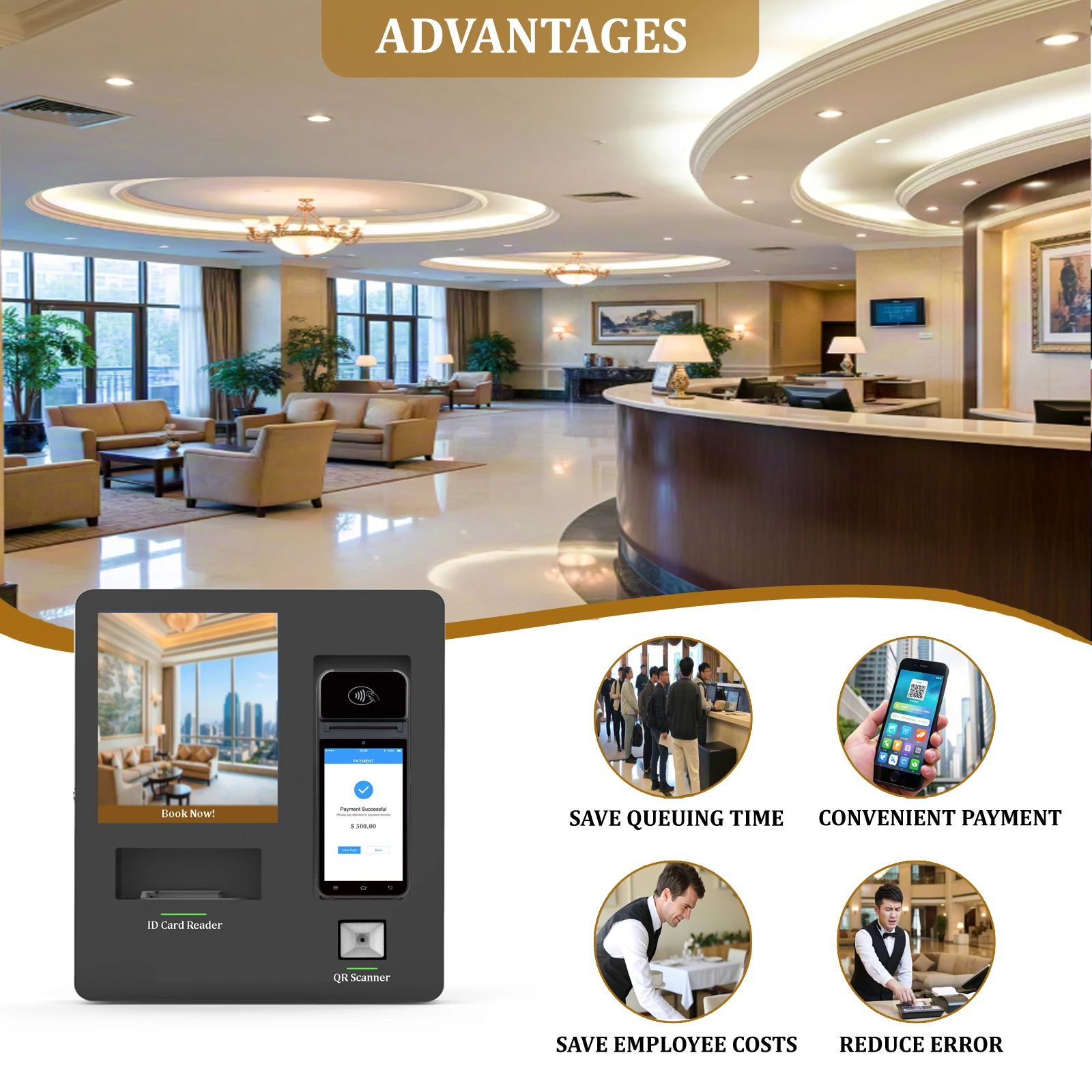 Android Pos Wall Mounted Hotel Self Service Kiosk Touch Screen with Key Dispenser Ticket Printer-4