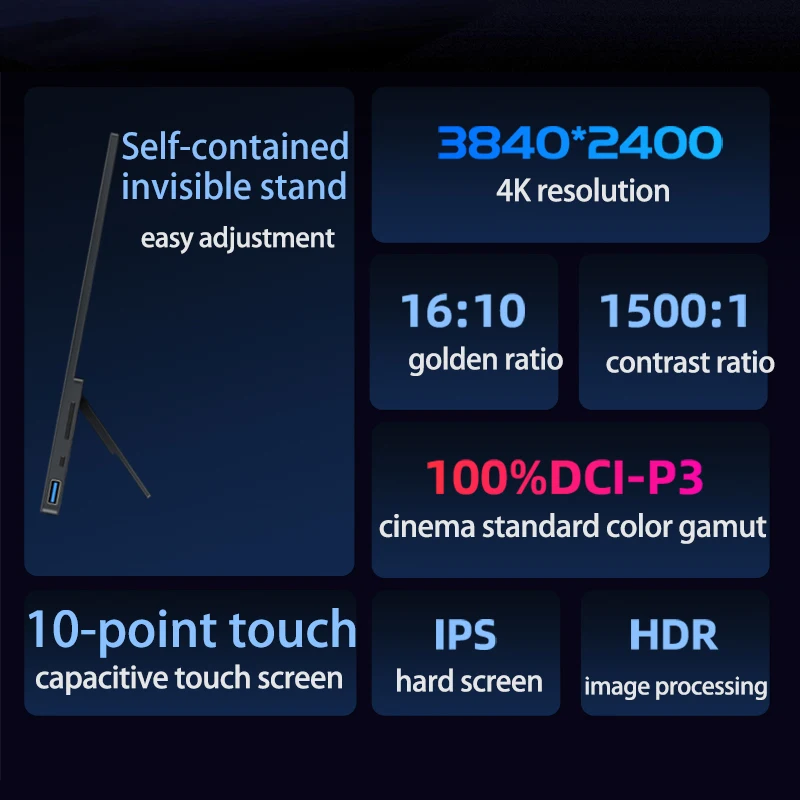 16 Inch 4K Touch Screen Portable Monitor 100%DCI-P3 550nit 3840*2400 16:10 Travel Office Display for Phone Laptop Switch Xbox-2