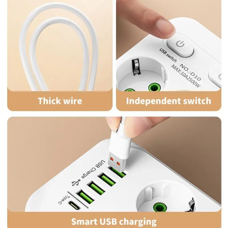 EU Plug Power Strip 6 AC Outlet Multitap Extension With 5 USB Ports 3m Cord Electrical Socket 2500W Fast Charge Surge Protector-3