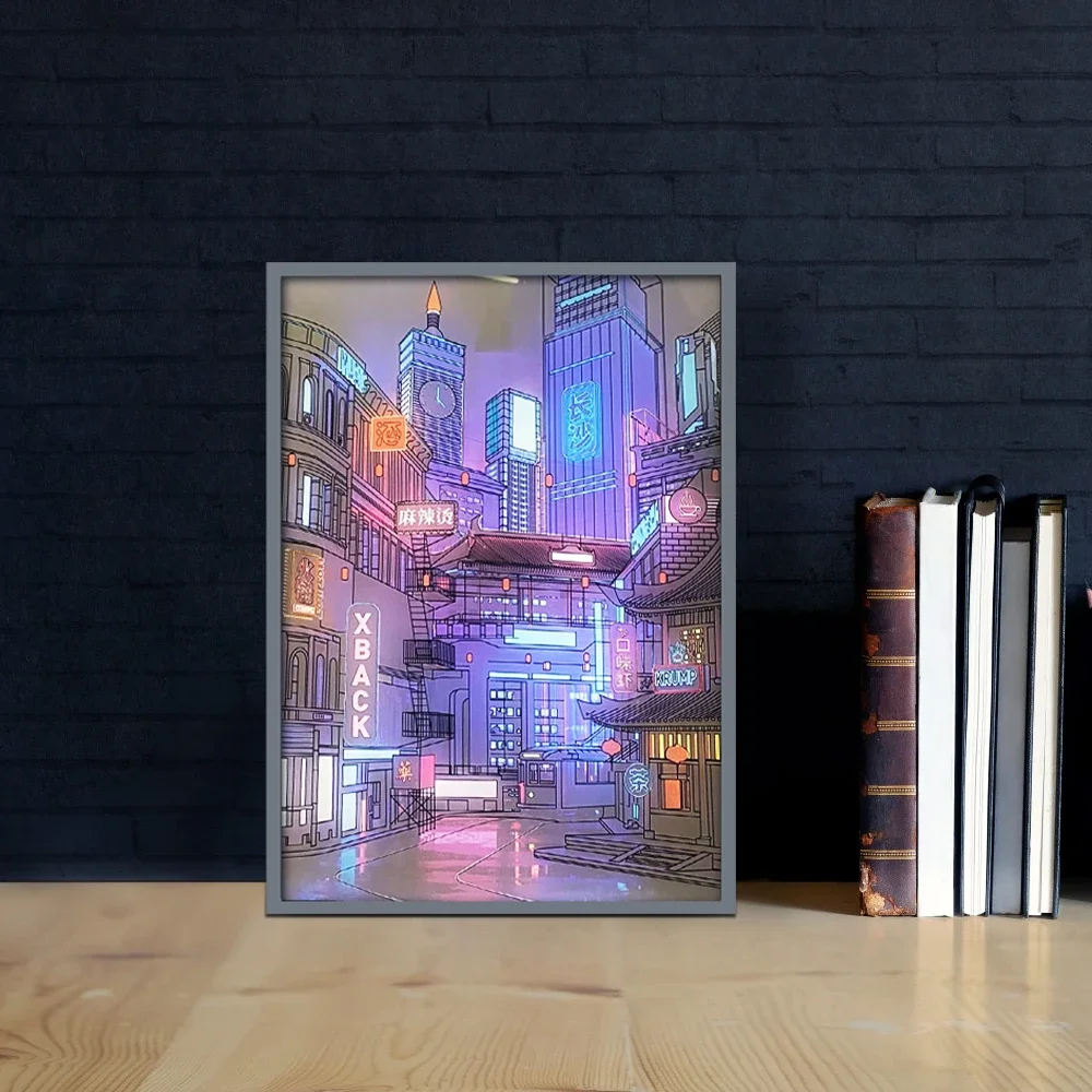 USB Plug Dimming Romantic Home Anime LED Beautiful City Night View Light Painting HD Picture Narrow Bezel Home Decorations Lamp-2