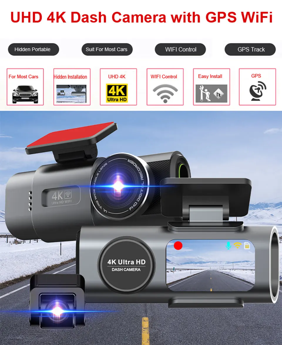 Dash Cam 4K UHD Recording Car Camera DVR Night Vision Video Recorder Built-In Wi-Fi Support Dual Lens GPS 24H Parking-2
