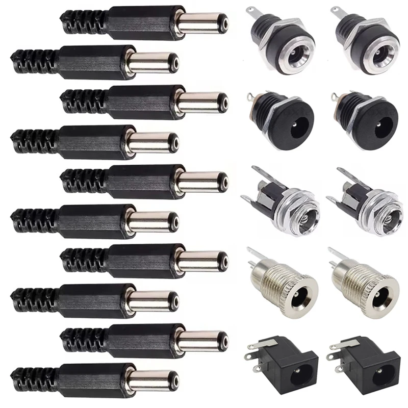 10Pairs DC Power Supply Jack Socket Female Panel Mount Connector 3-Pin 5.5x2.1mm 5.5mm*2.5mm Male DC Power Plug