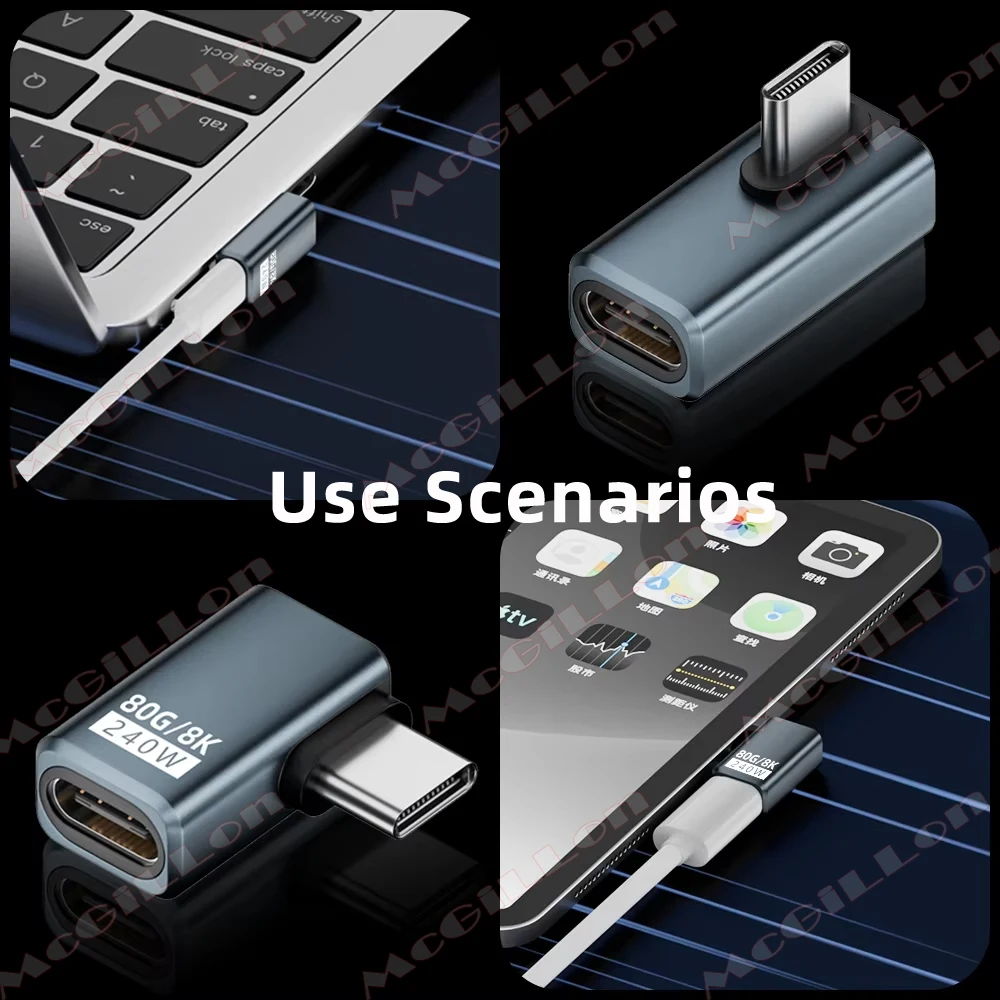 USB4 V2 90 Degree Type C Angle Adapter 80Gbps Thunderbolt 5 4 3 Elbow Adapter 240W USB-C Cable Connector 40Gbps for MacBook Air-6