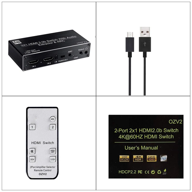 4K HDMI Switcher Audio Extractor 2 in 1 Out Selector with R/L+Toslink SPDIF+COAXIAL Audio out HDMI ARC Audio Switch 2x1 Adapter-6
