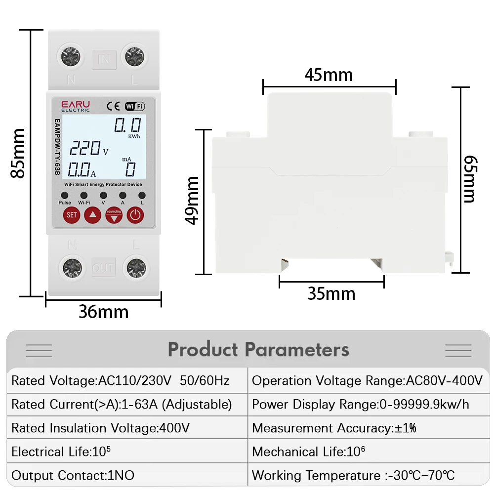 63A Tuya WiFi Smart Circuit Breaker Switch Energy Meter Metering Timer Relay Device With Voltage Current and Leakage Protection-2