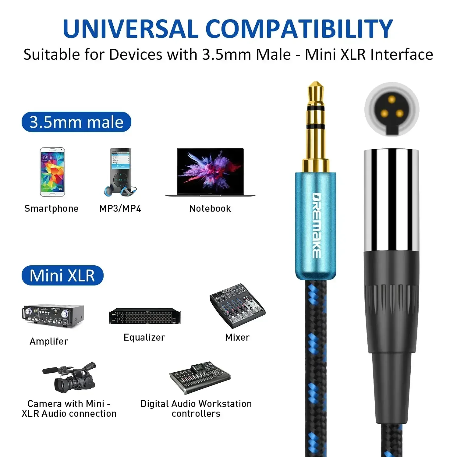 DREMAKE 3-Pin Mini XLR to Jack 3.5mm Plug Stereo Audio 1/8
