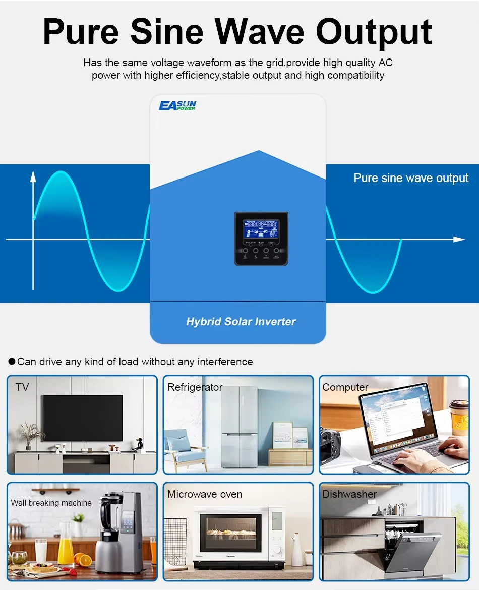 Easun Power 6.2kw 4.2kw 3.2kw 2.2kw 12v 24v 48v MPPT Hybrid Off Grid Pure Sine Wave 80a 110a 230v 50/60hz Solar Inverter Charger-6